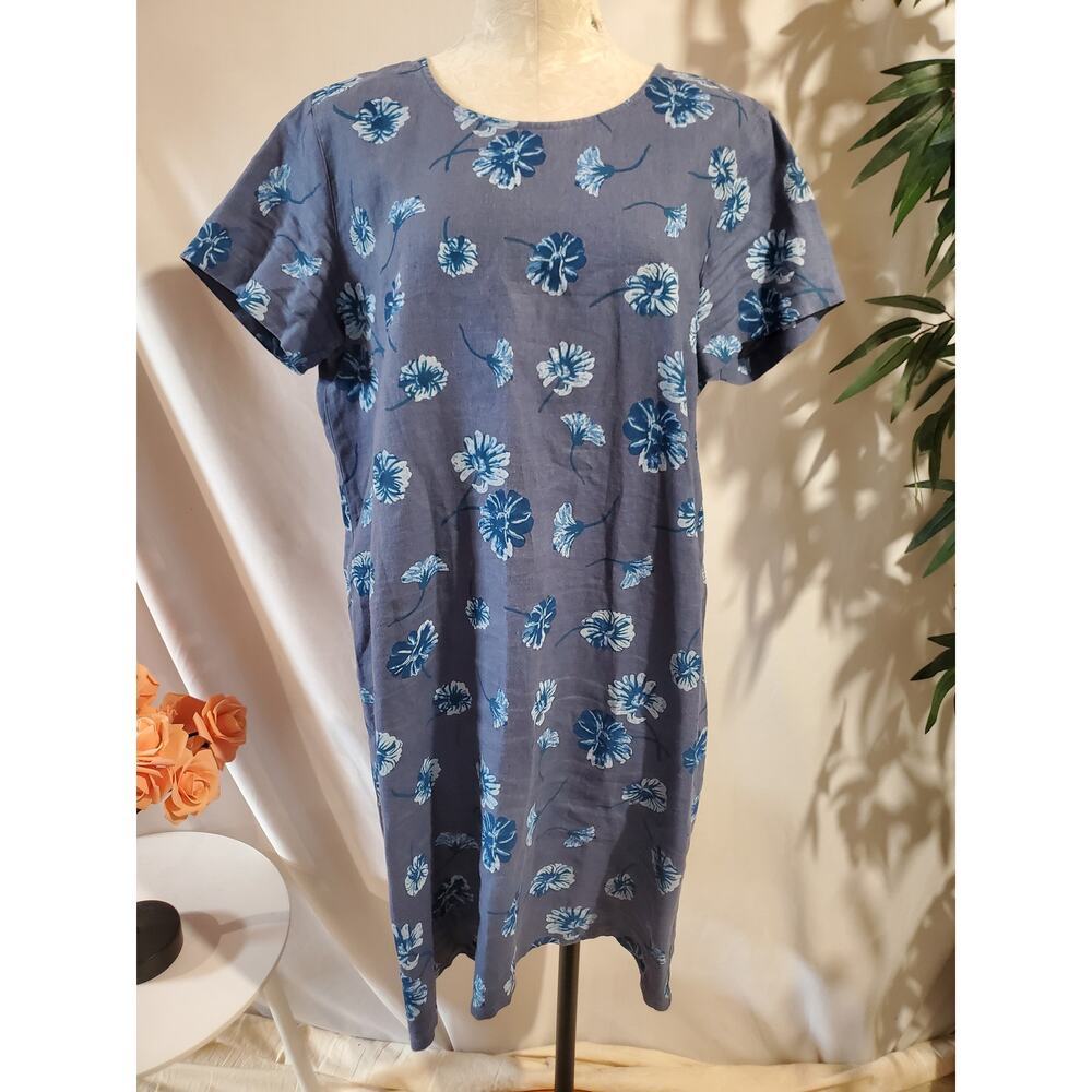 Vtg LL Bean 100% Linen Floral Short Sleeve Shift Dress Size 14 Blue Cottagecore